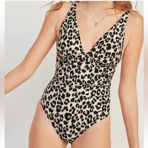 Old Navy Shirred Deep V-Neck Cheetah Print One Piece Swimsuit